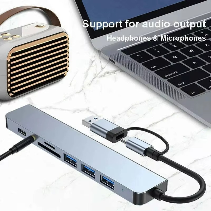 8-in-2 USB + Type C Hub Docking Station with Audio Jack & SD Card Reader Adapter