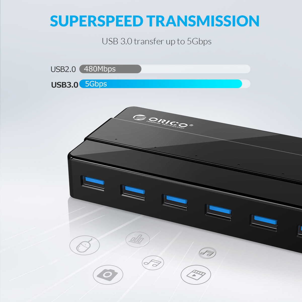 ORICO USB3.0 HUB w/ Power Adapter USB Splitter OTG Adapter for Desktop Laptop PC