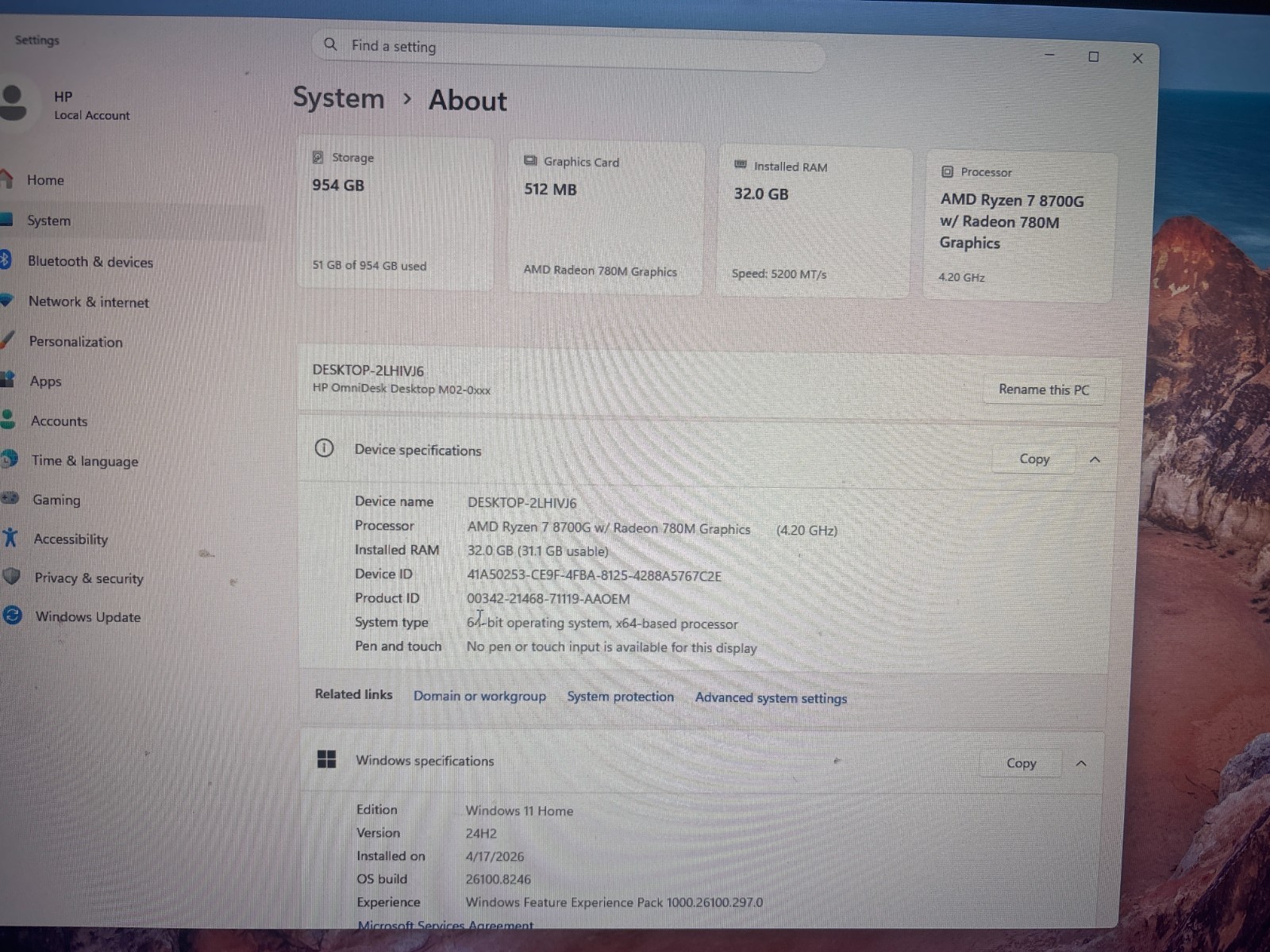 HP OmniDesk Desktop M02-0XXX, AMD Ryzen 7, 4.20 GHz, 32 GB RAM, 1 TB SSD