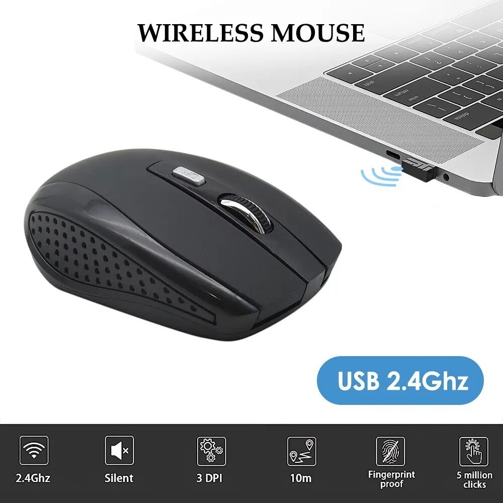 BLACK WIRELESS CORDLESS 2.4ghZ MOUSE USB DONGLE OPTICAL SCROLL FOR PC LAPTOP MAC