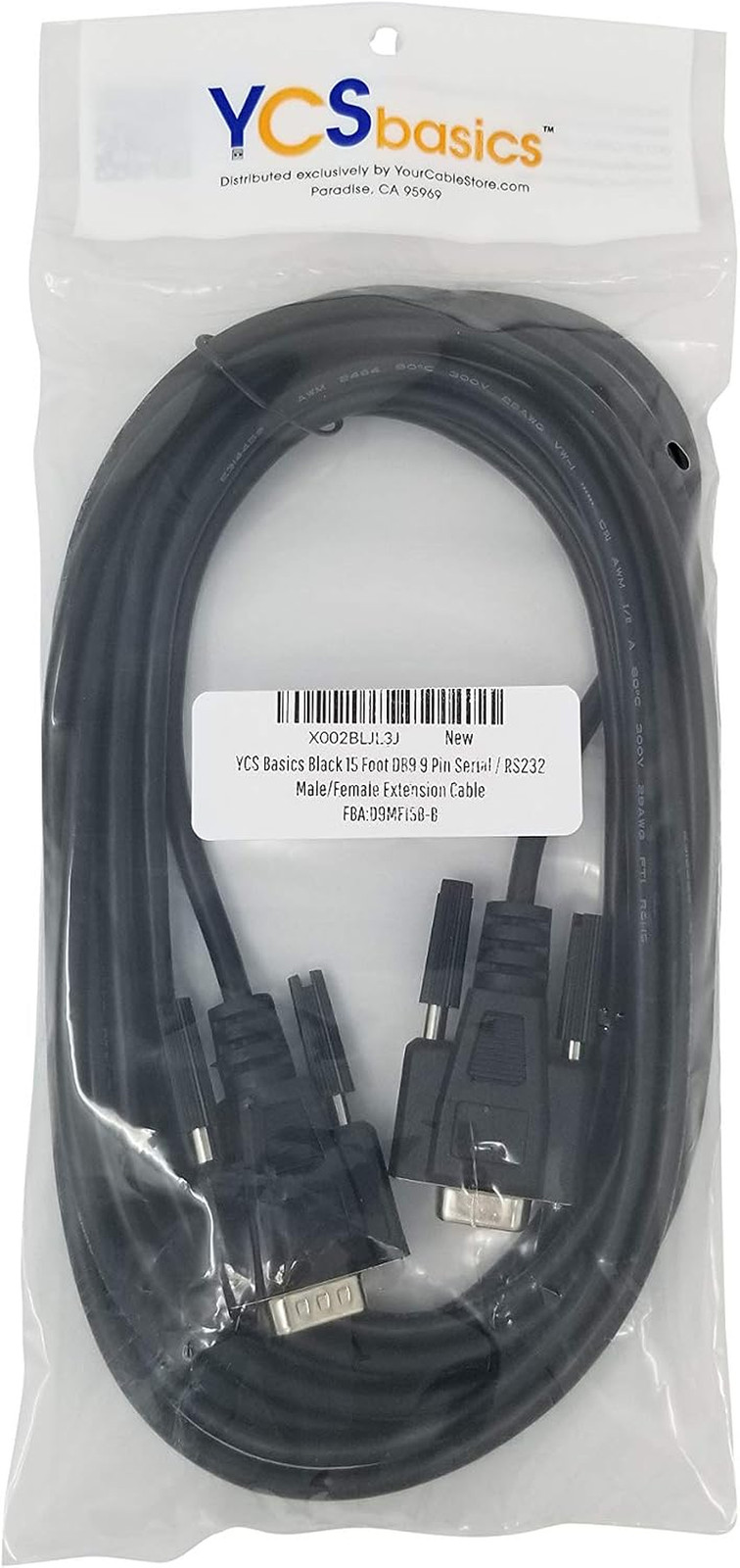 Black DB9 9 Pin Serial / RS232 Male/Female Extension Cable (15 Ft)