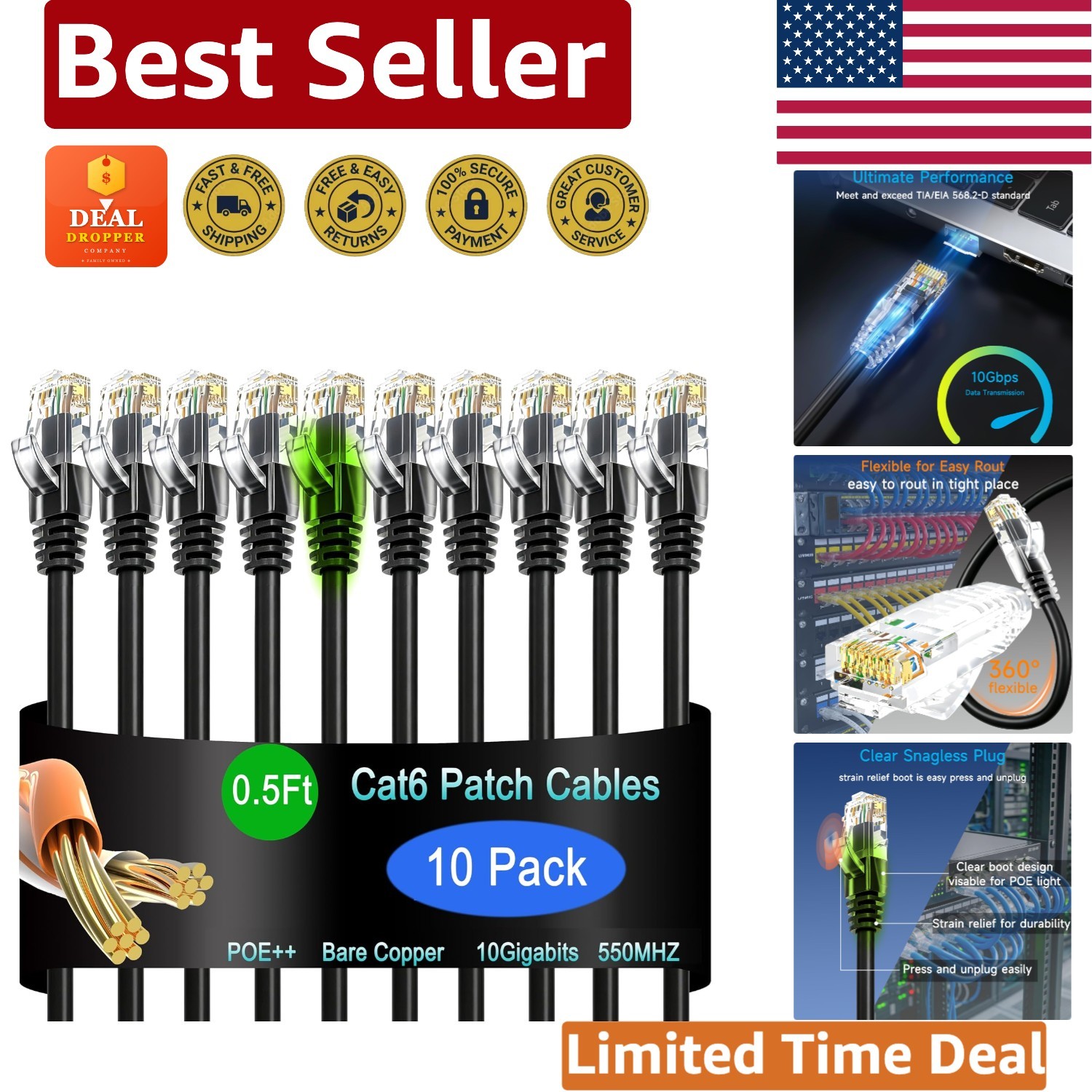 Cat6 Patch Cable 0.5ft – 10G Ethernet, Snagless Design for Home and Enterprise