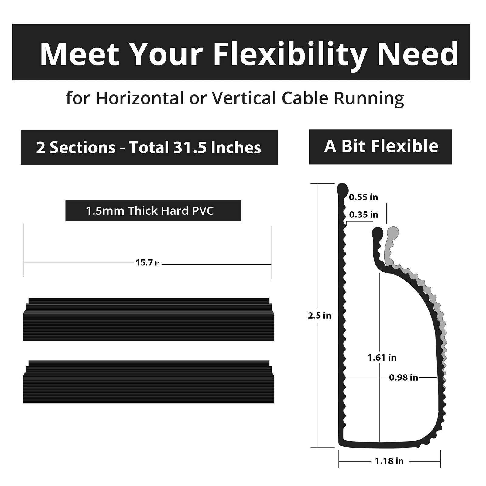 Cable Management Under Desk, 32in (2×15.75in) J Channel, Self Adhesive Cable