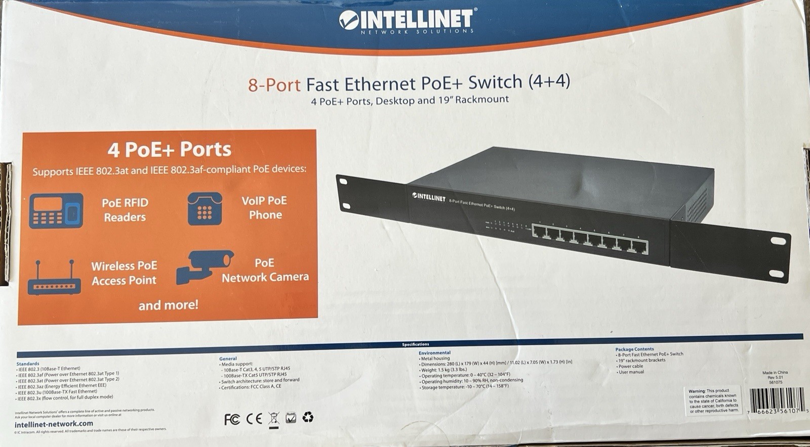 Intellinet 8-Port PoE+ Switch 561075 Fast Ethernet 4+4 New Open Box Complete