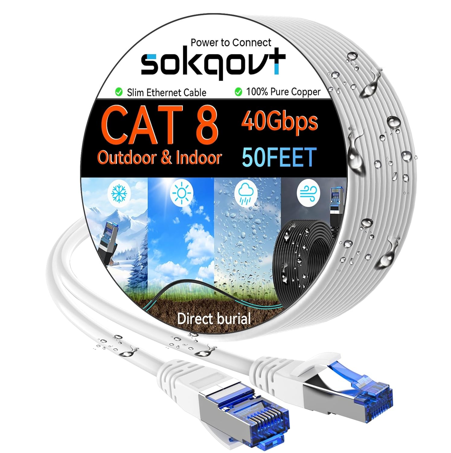 Cat 8 Ethernet Cable Slim 50ft Outdoor & Indoor, Pure Copper Cat8 50ft, White