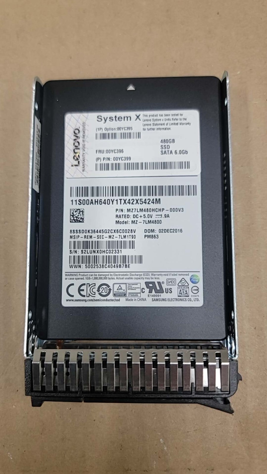 Lenovo 480GB SSD SATA 6gb 2.5″ 00YC395 00YC399 MZ-7LM4800 with Caddy 99% Health