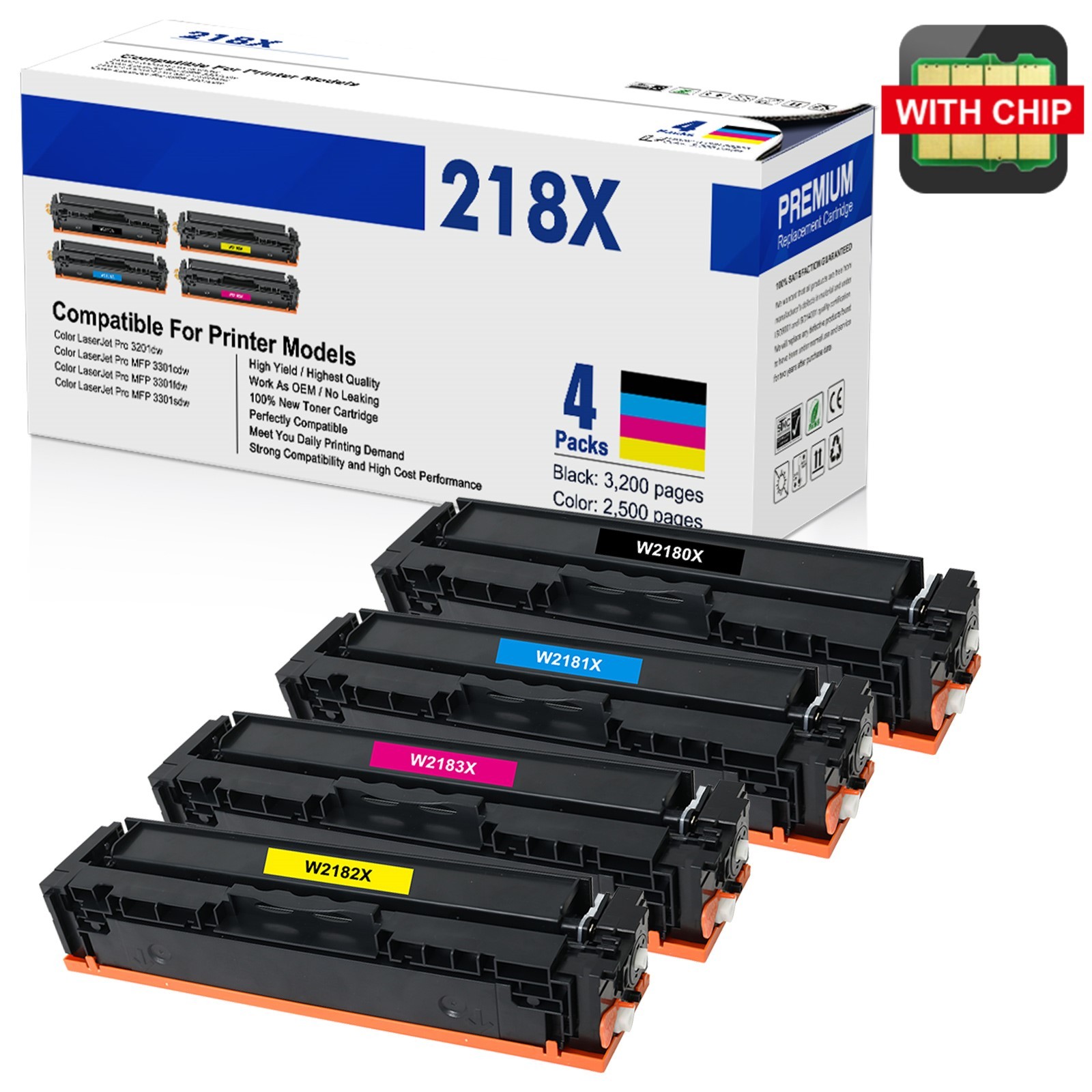 218X W2180X Toner WITH CHIP Fits for HP LaserJet Pro 3201dw MFP 3301cdw – 4 Pack