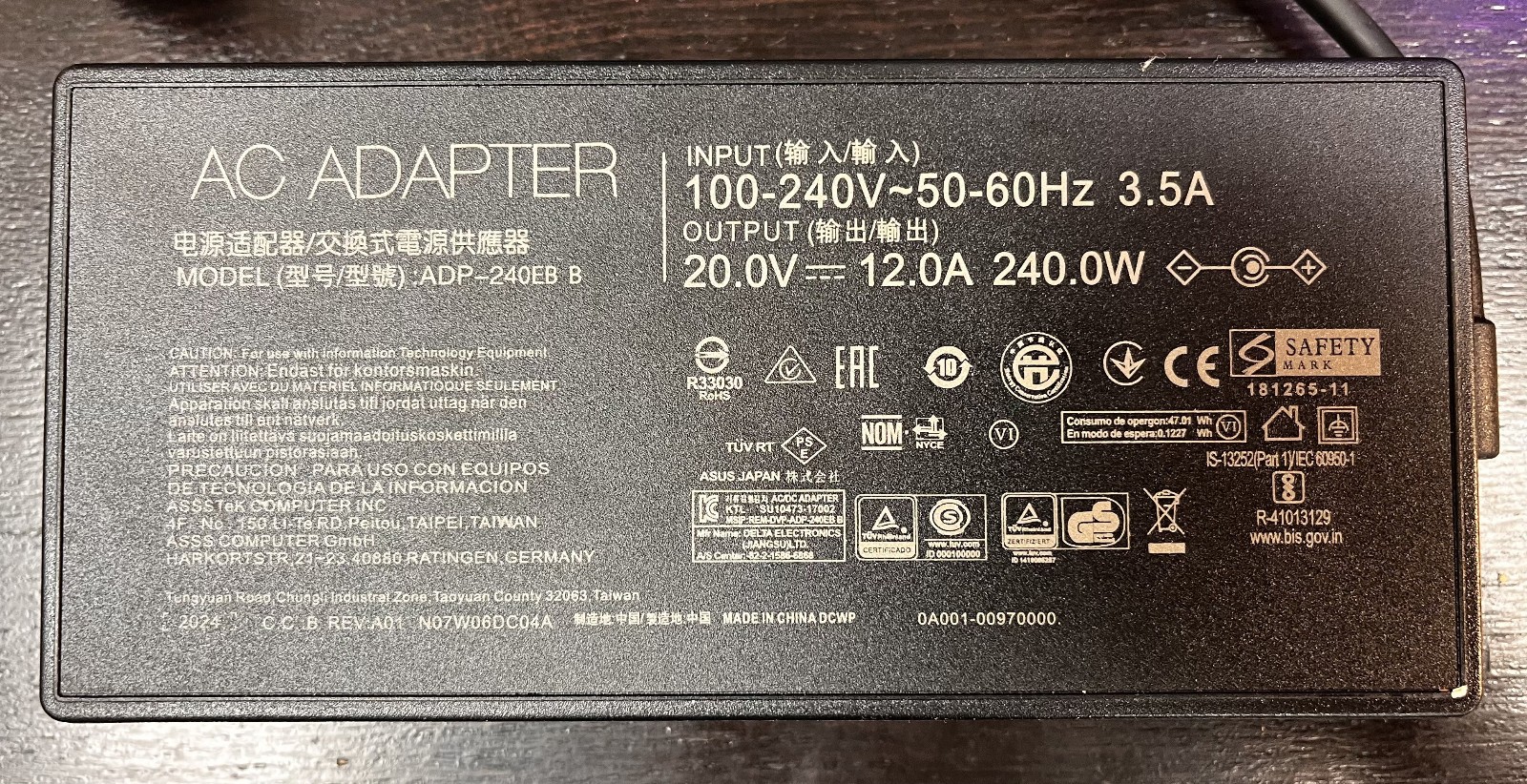 Original ASUS 240W 20.0V 12A AC Adapter Charger ROG Strix /Zephyrus ADP-240EB B
