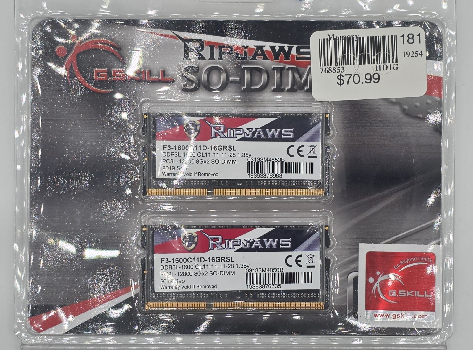 G.SKILL Ripjaws Series 16GB DDR3 SO-DIMM 1600MHz (PC3L-12800) F3-1600C11D-16GRSL