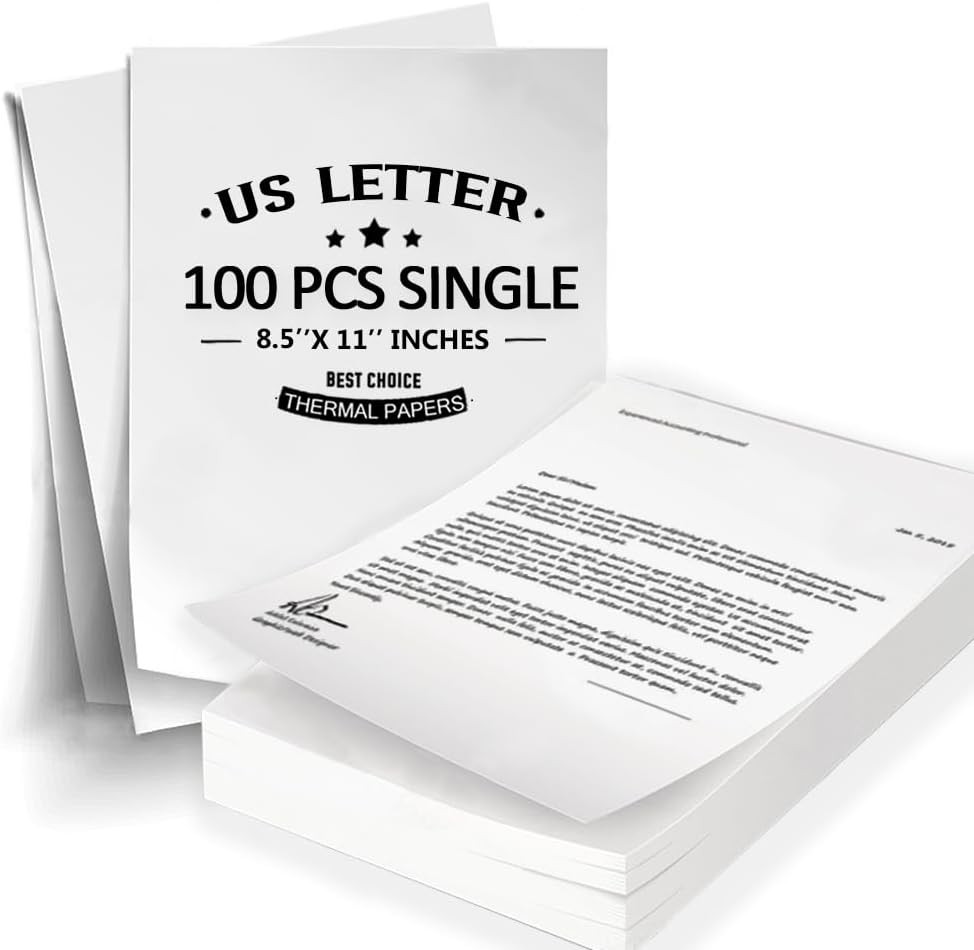 100 Sheets Thermal Printer Paper 8.5 x 11 US Letter Size Portable Printer