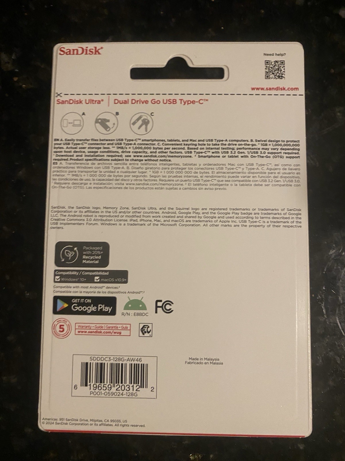 SanDisk Ultra Dual Drive Go 128GB USB 3.2 Type-A / Type-C Drive NEW UNOPENED
