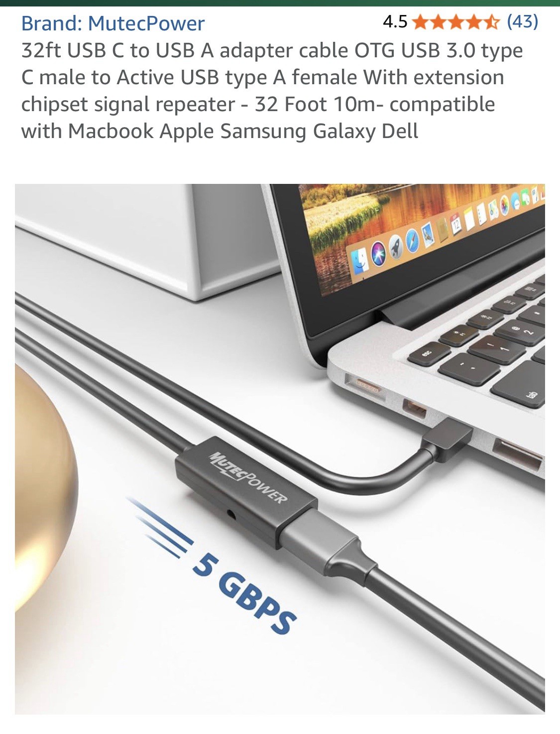 MutecPower 32ft USB C to USB A adapter cable