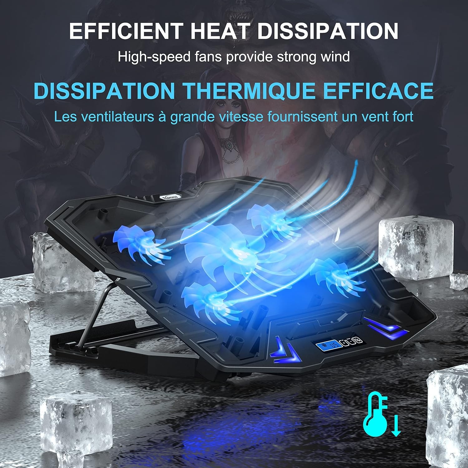 C5 Laptop Cooling Pad Adjustable Height 5 Quiet Fans Blue LED Light LCD Controll