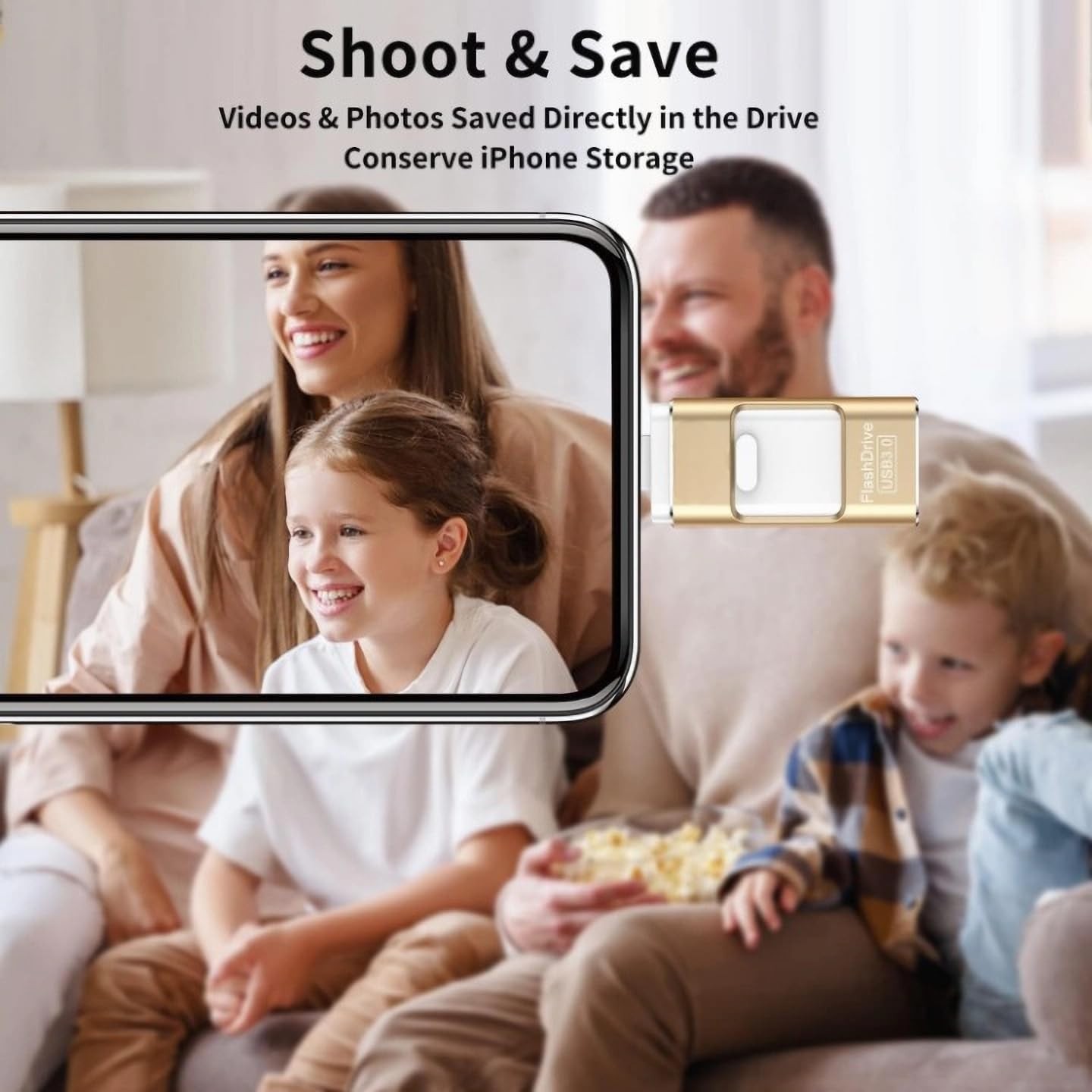 4 in 1 External USB Flash Drive for iPhone iPad Mac Gold PhotoTek Storage
