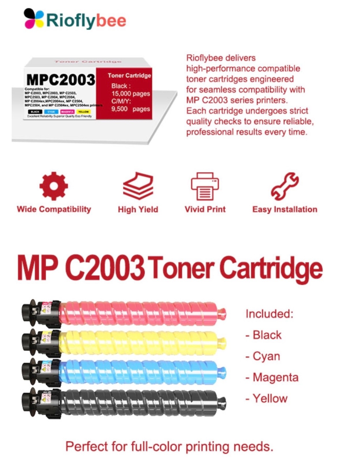 MPC2503 High Yield Toner Cartridge for MP C2003 C2503 C2004 C2504 Printer (BCMY)