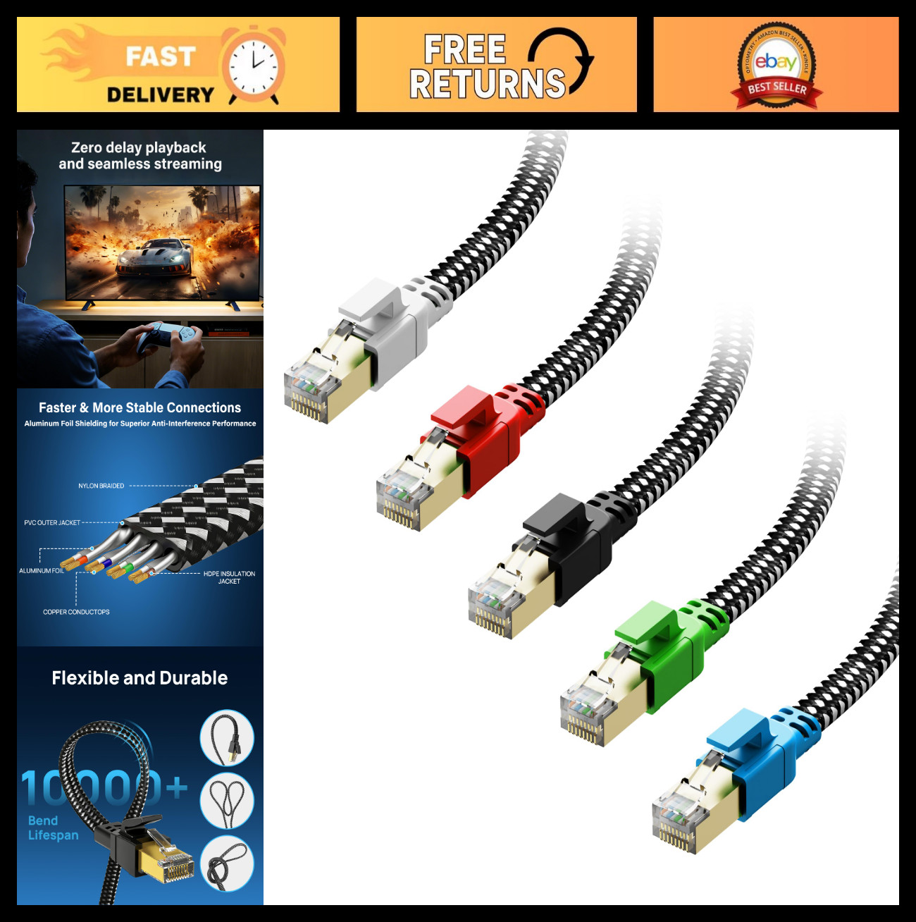 High-Speed Cat 8 Ethernet Cable 1.5ft – 5 Pack, Nylon Braided, 40Gbps, Shielded
