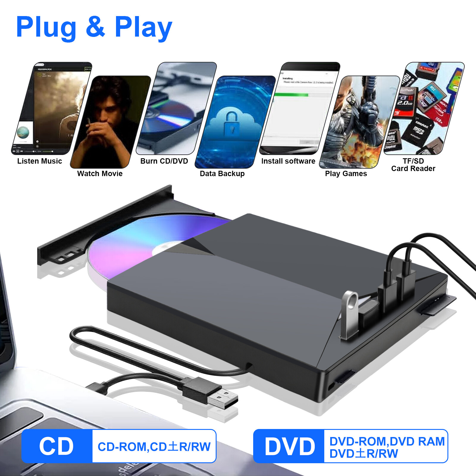 Slim External CD DVD RW Drive USB 3.0 Writer Burner Player Black For Laptop PCS