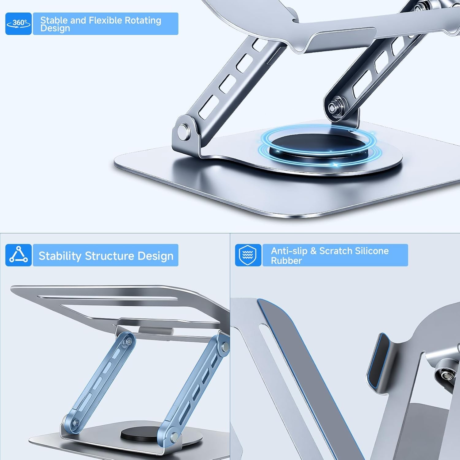Laptop Stand for Desk, Adjustable Computer Stand with 360° Rotating Base (Grey)