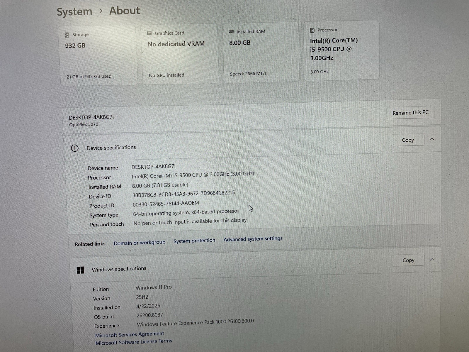 Dell Optiplex 3070 SFF 1 TB HDD Win 11 i5-9500 6 Core 3.00ghz 8gb Ram Dvd Hdmi