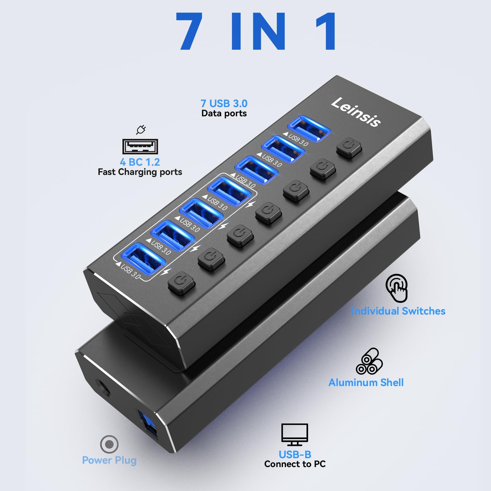 Powered USB Hub 3.0, Leinsis 7-Port 3.0 3.01, Metallic Black