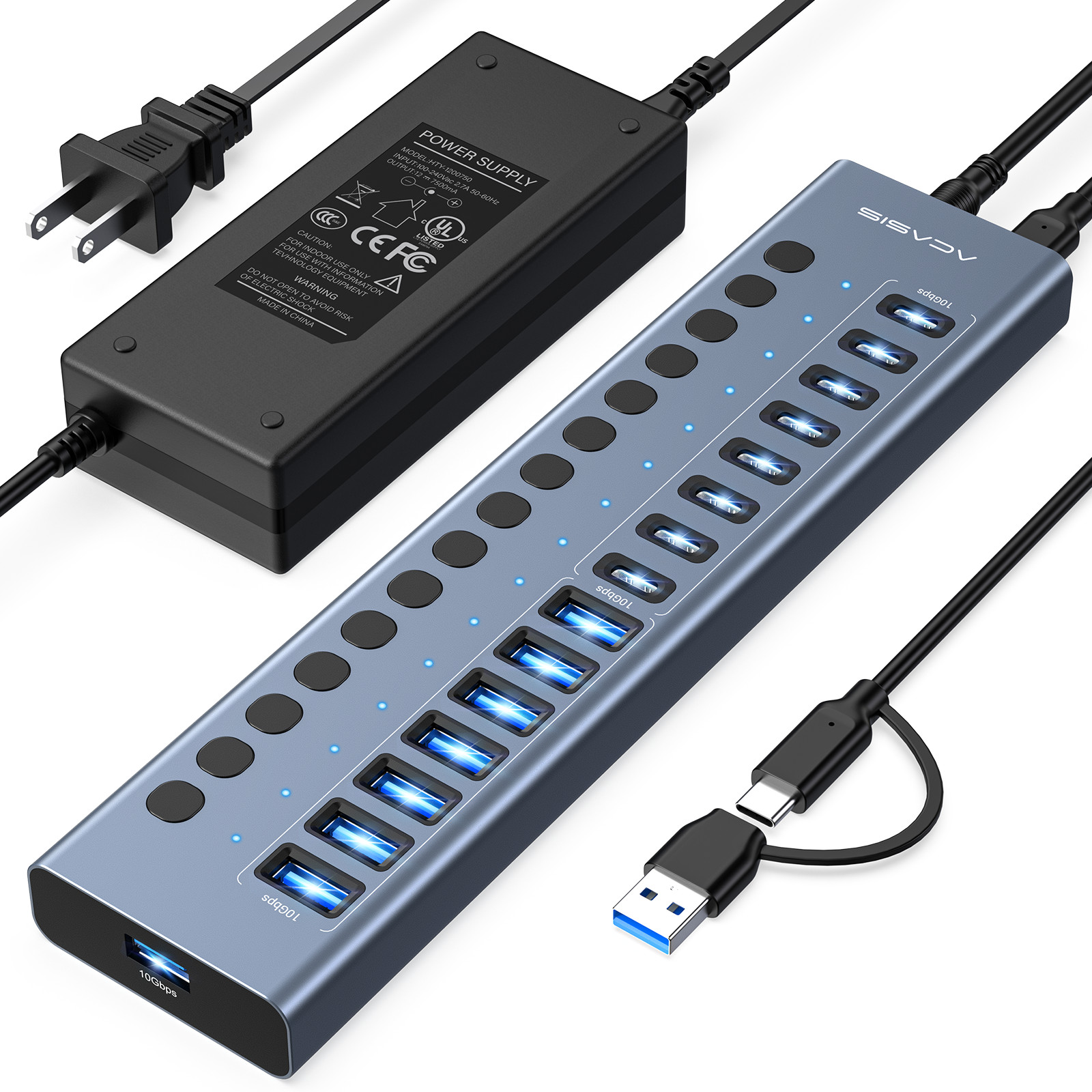 Acasis Power USB 3.2 Hub 10Gbps 16 Port On/Off Switch USB C/A Adapter for Laptop
