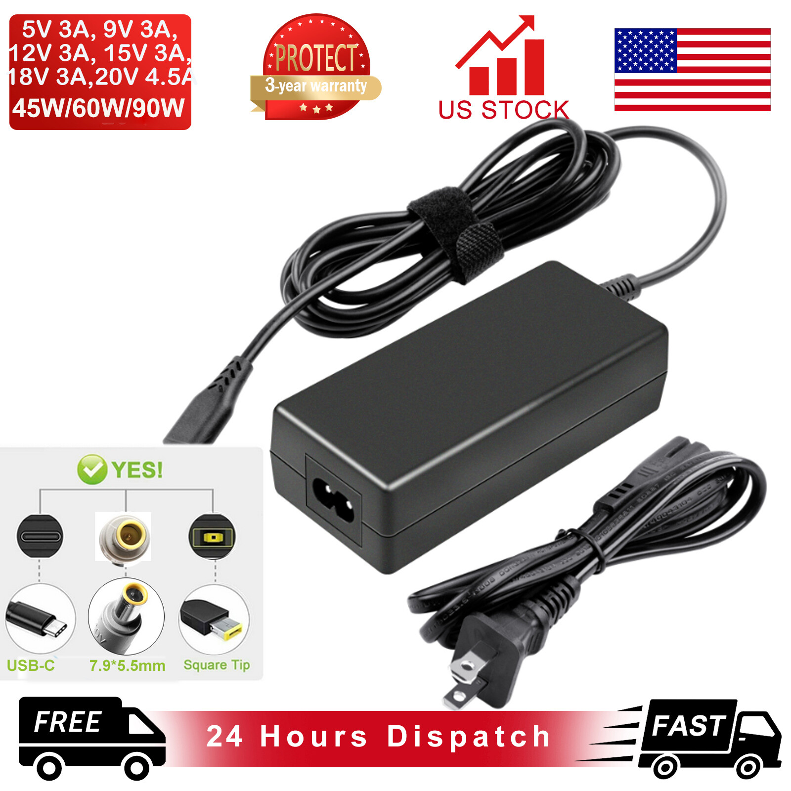 For Lenovo 45W 65W 90W 135W AC Adapter Charger Power Thinkpad Square Round USB-C