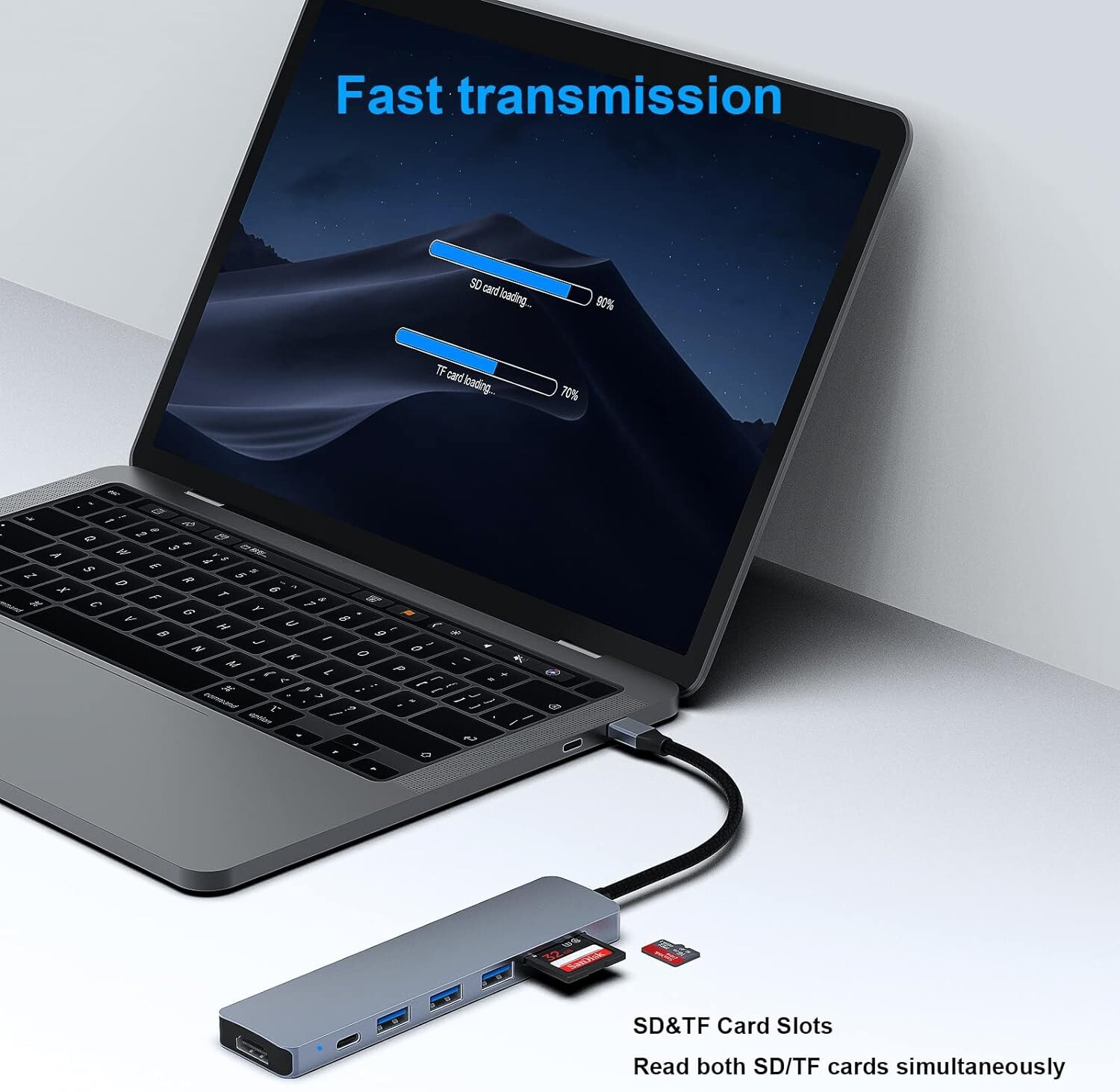 7 In 1 USB-C To HDMI Adapter SD/TF Card Reader 3x USB 3.0 For MacBook Pro/Air