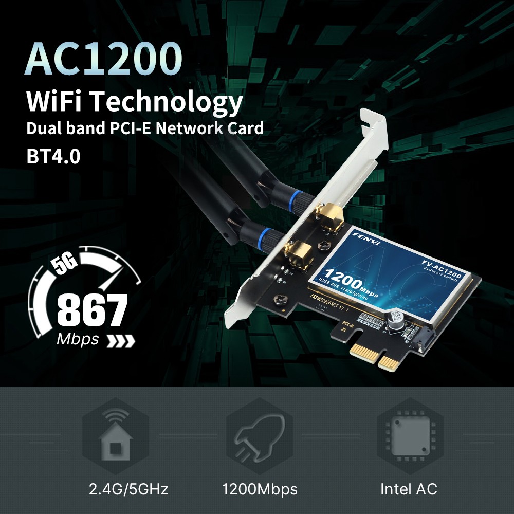 AC1200 WiFi 5 PCI-E Wireless WiFi Card Bluetoot 4.0 Dual Band Adapter Desktop PC