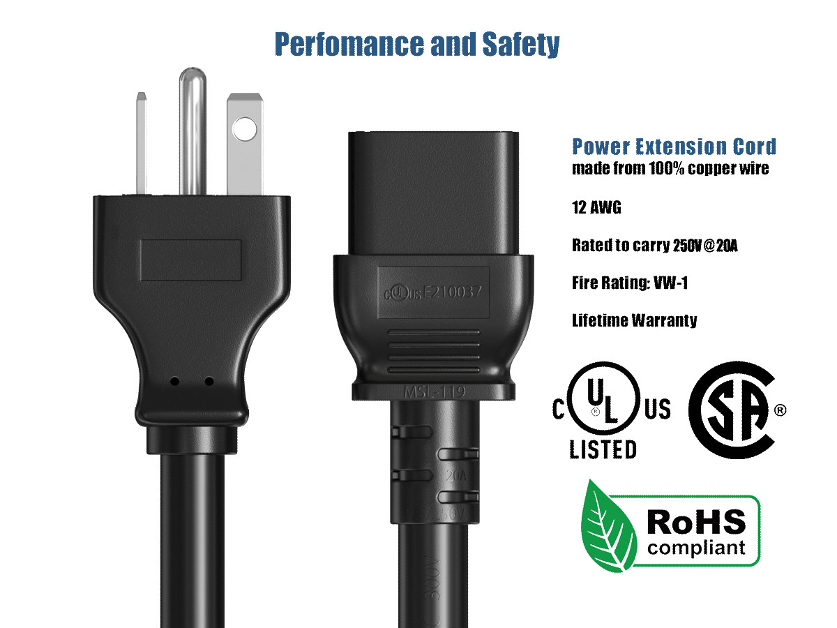 12 AWG Heavy Duty Power Cord 20A/250(NEMA 6-20P to IEC 320 C19) – 3/6/8/10/15 ft