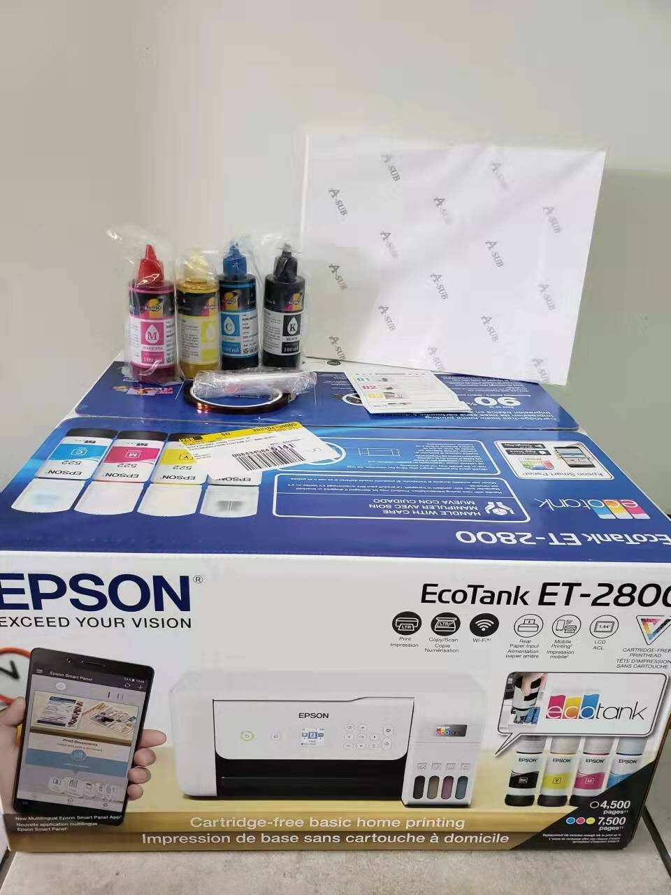 New Epson Printer With 4X100ml Sublimation Ink & 110 Paper 2800 2803 white