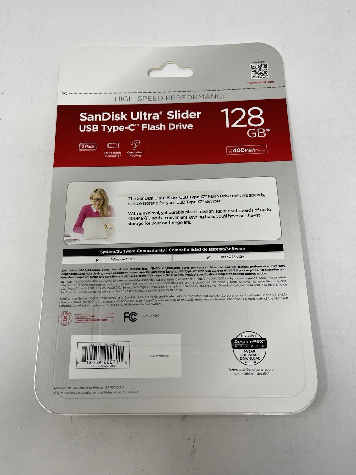 New SanDisk Ultra Slider USB Type-C Drive 128GB 2-Pack SDCZ480-128G-ABJ2 400mbps