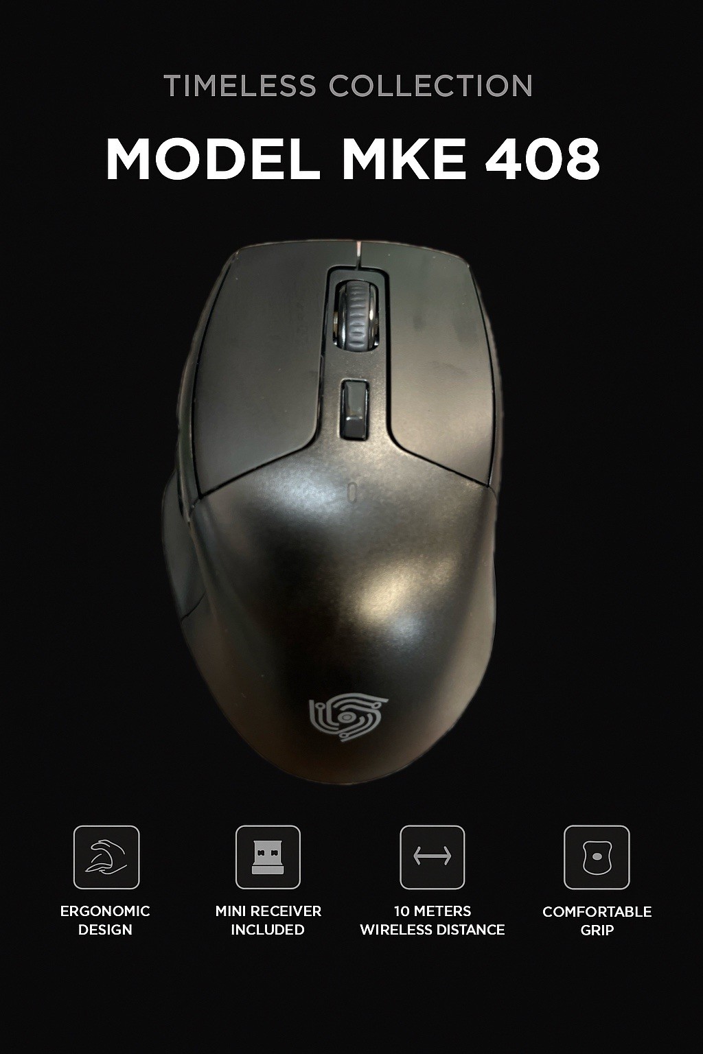 MKE408 Wireless Mouse, 2.4G, Silent Click, 1600DPI, 6-Button Ergonomic