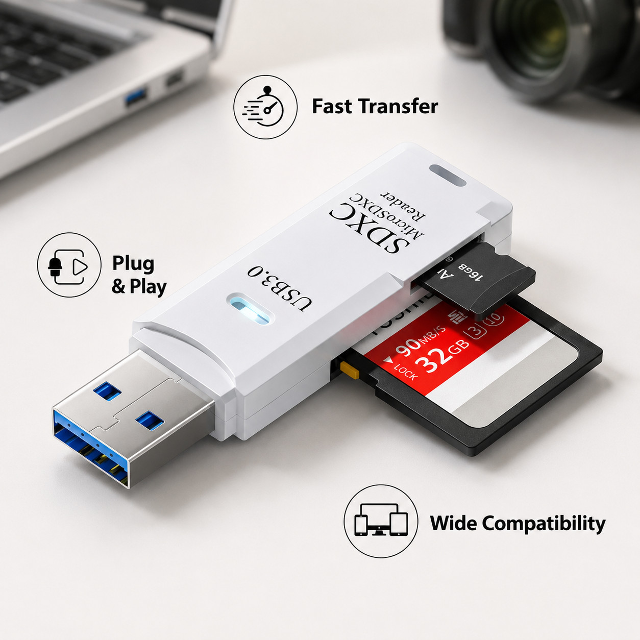 SomnAmbulist 2x 128GB MicroSDXC Memory Card USB 3.0 Reader Bundle Class 10