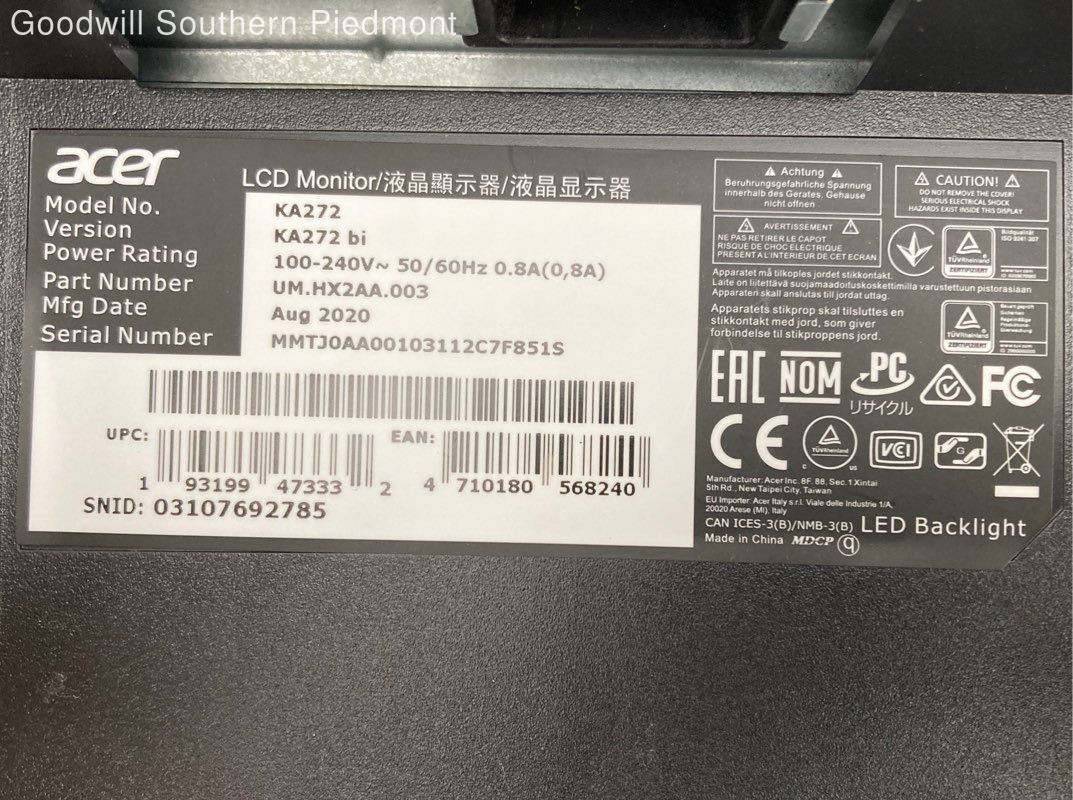 Acer KA272 bi 27″ 1080p 75Hz IPS LED Computer Monitor – No Stand – Tested