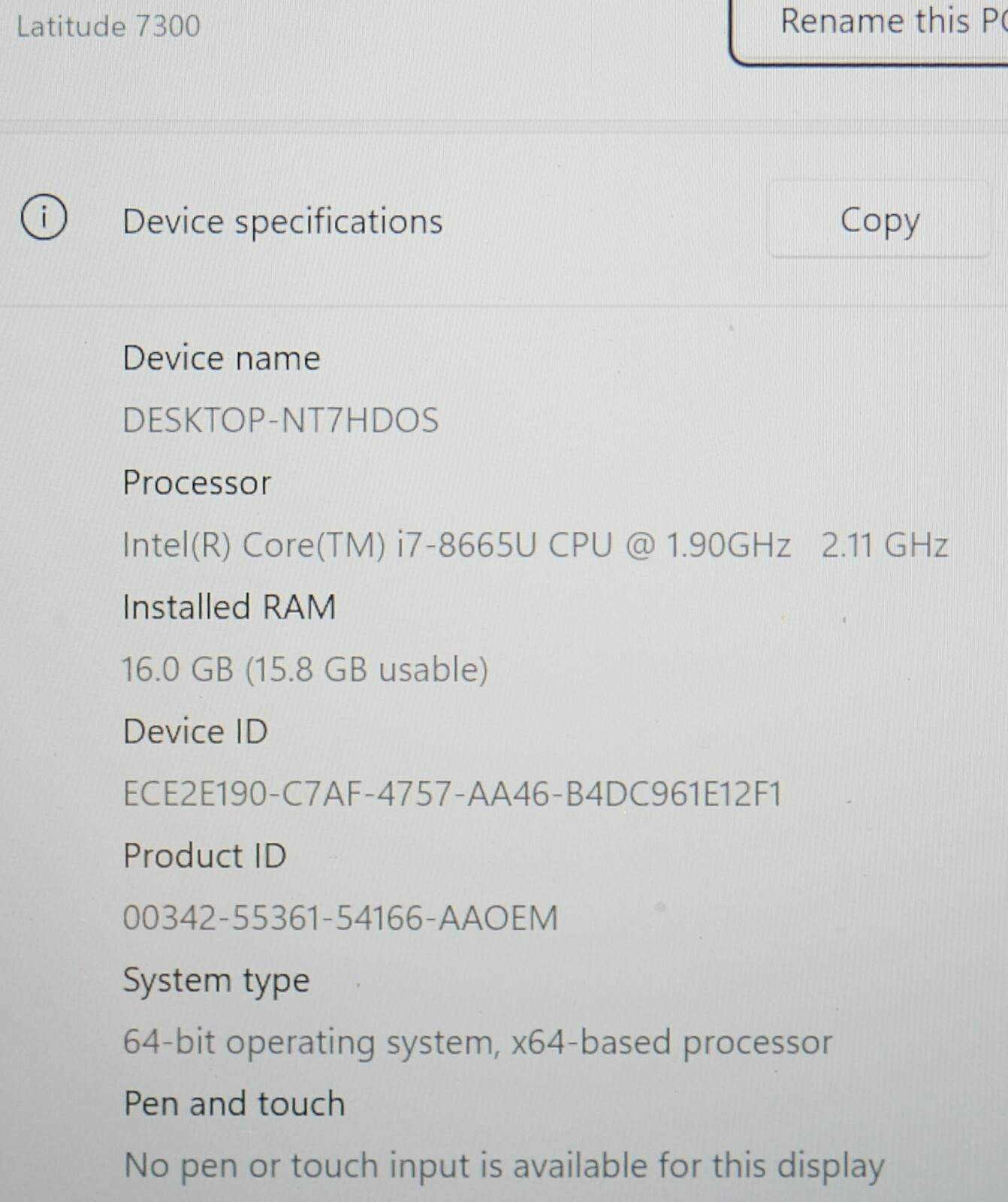 Dell Latitude 7300 Intel Core i7-8665U 256GB SSD 16GB Windows 11 Pro Camera