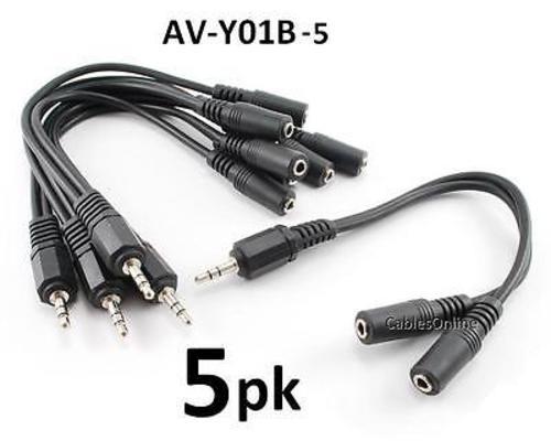 5-PACK 6 inch 3.5mm Stereo 1Male to 2Female Audio Headphone Y-Splitter, AV-Y01B