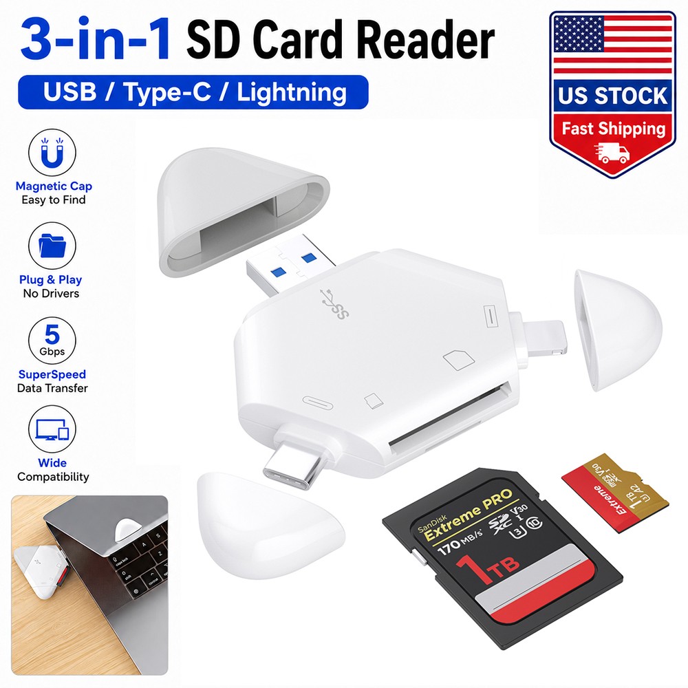 SD Card Reader 3-in-1 Memory Card Reader for iPhone/iPad, USB C & USB A Devices