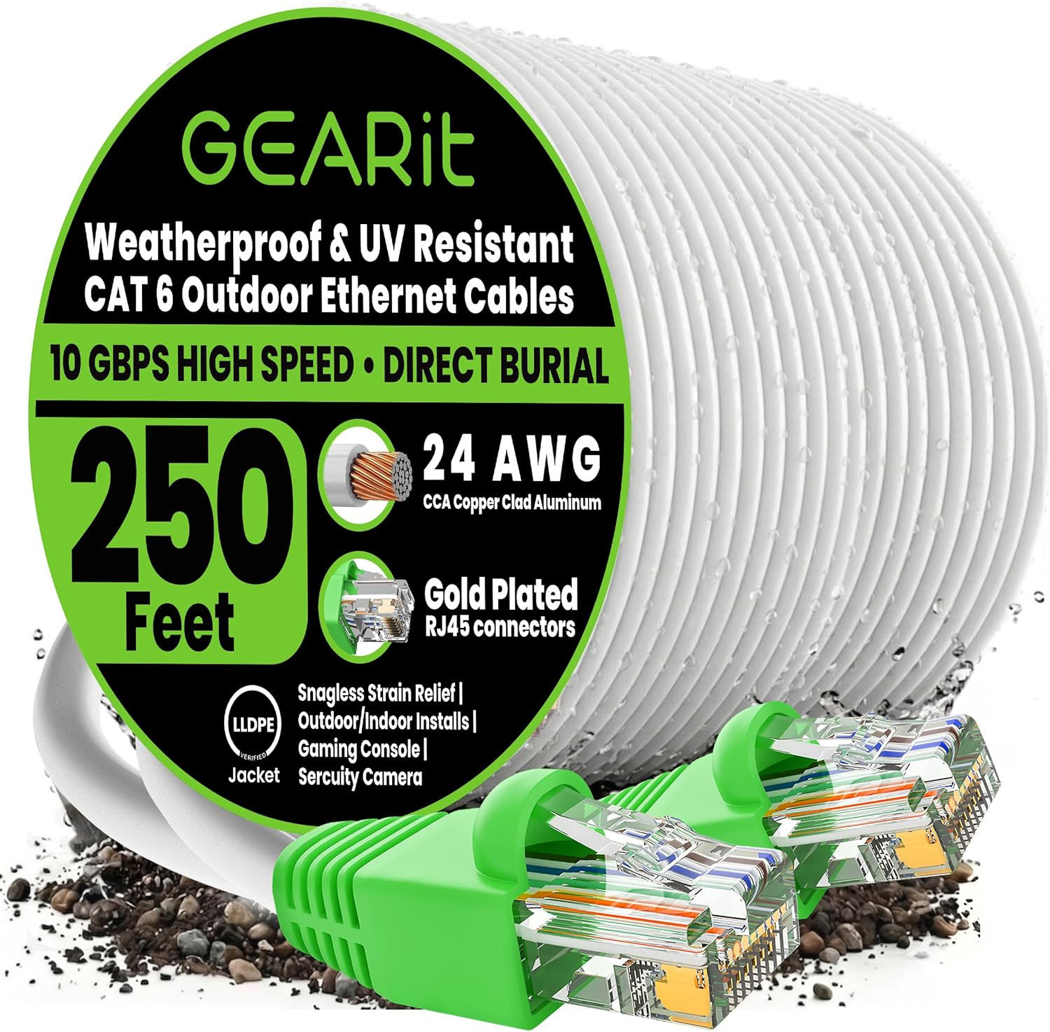 250ft Cat-6 Ethernet Cable, 10Gbps, Waterproof, UV Resistant, Gold-Plated