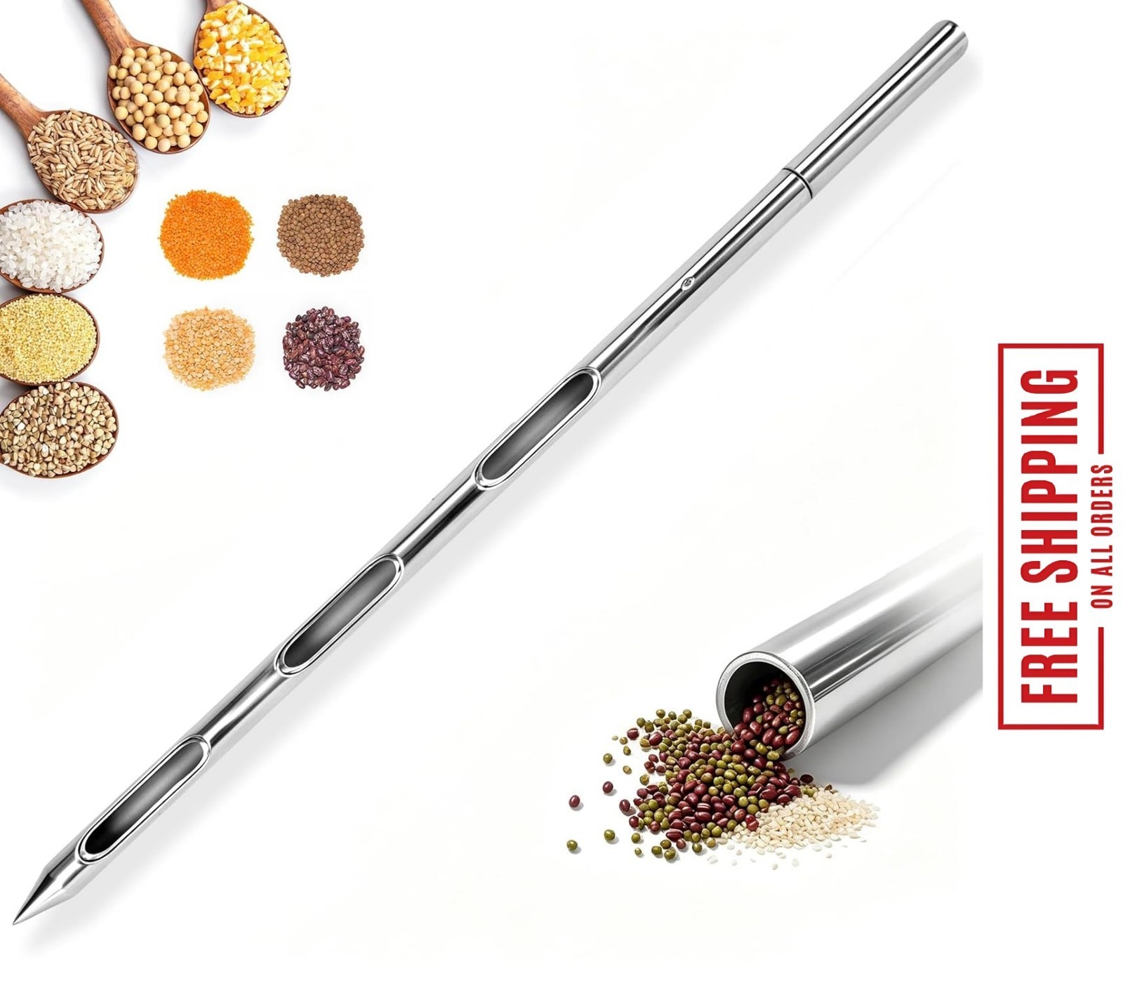 Grain Probe Sampler – 304 Stainless Steel Double Tube Rotary Tool for Powder, Fe