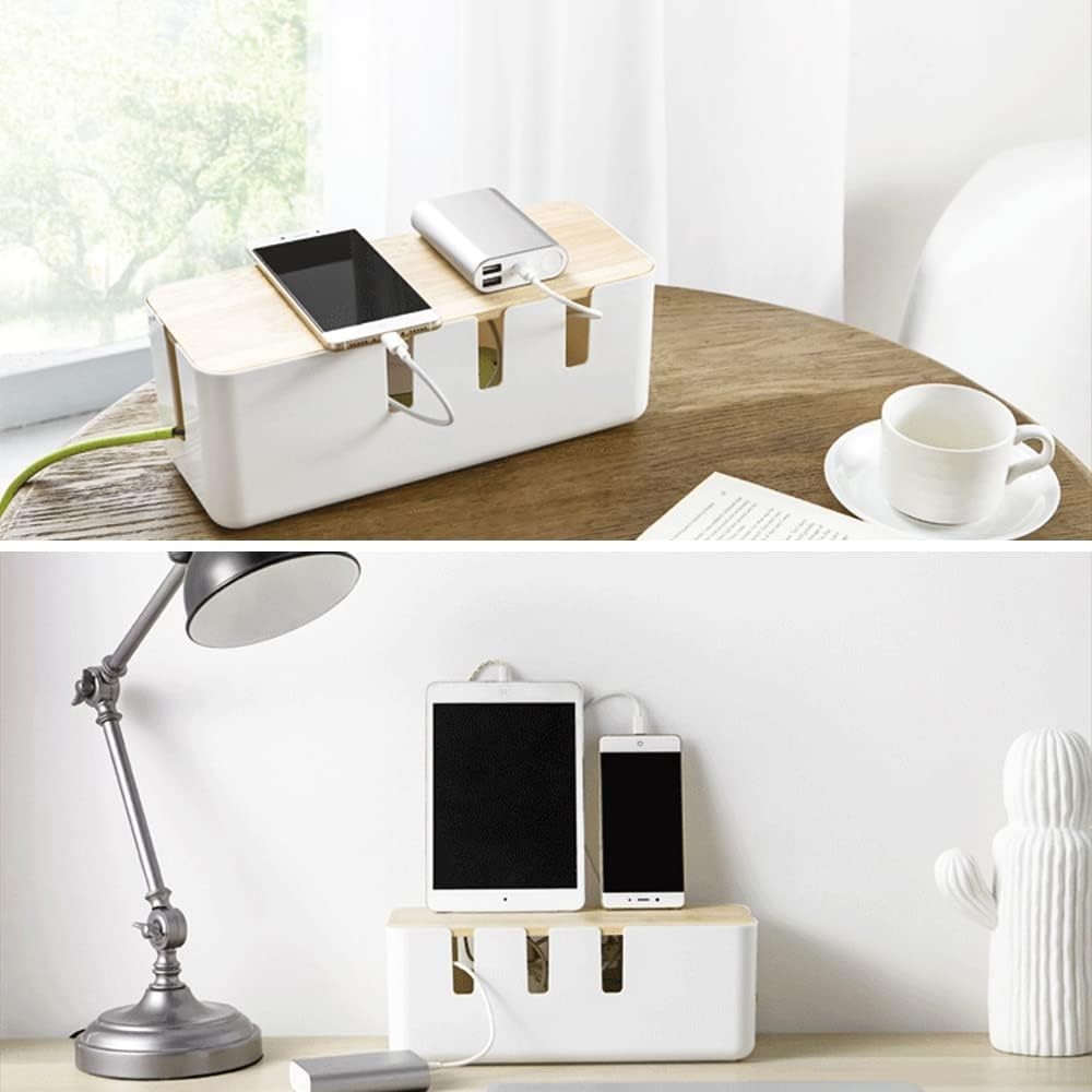 Elegant Wooden Cable Management Box, 12x5x4.5 In, Stylish Organizer for Cords