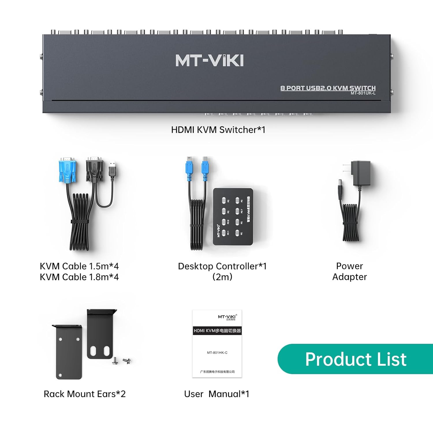 KVM Switch 8 Port, 8X1 Rackmount KVM Switch VGA, Included 8 2-In-1 KVM Cables &