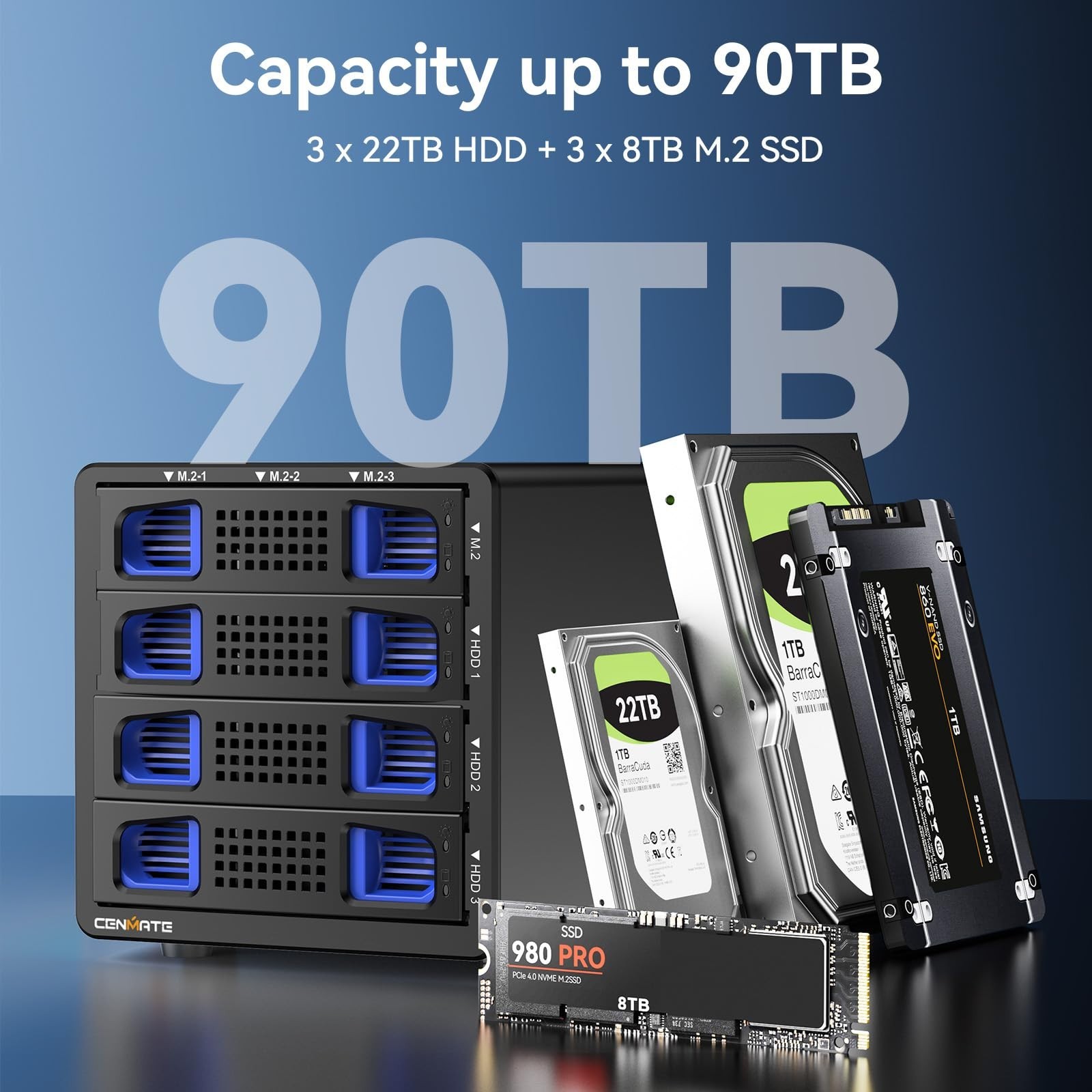 Hybrid SATA HDD/SSD Enclosure with Cooling Fan, USB 3.2 Gen 2, Supports 90TB Sto