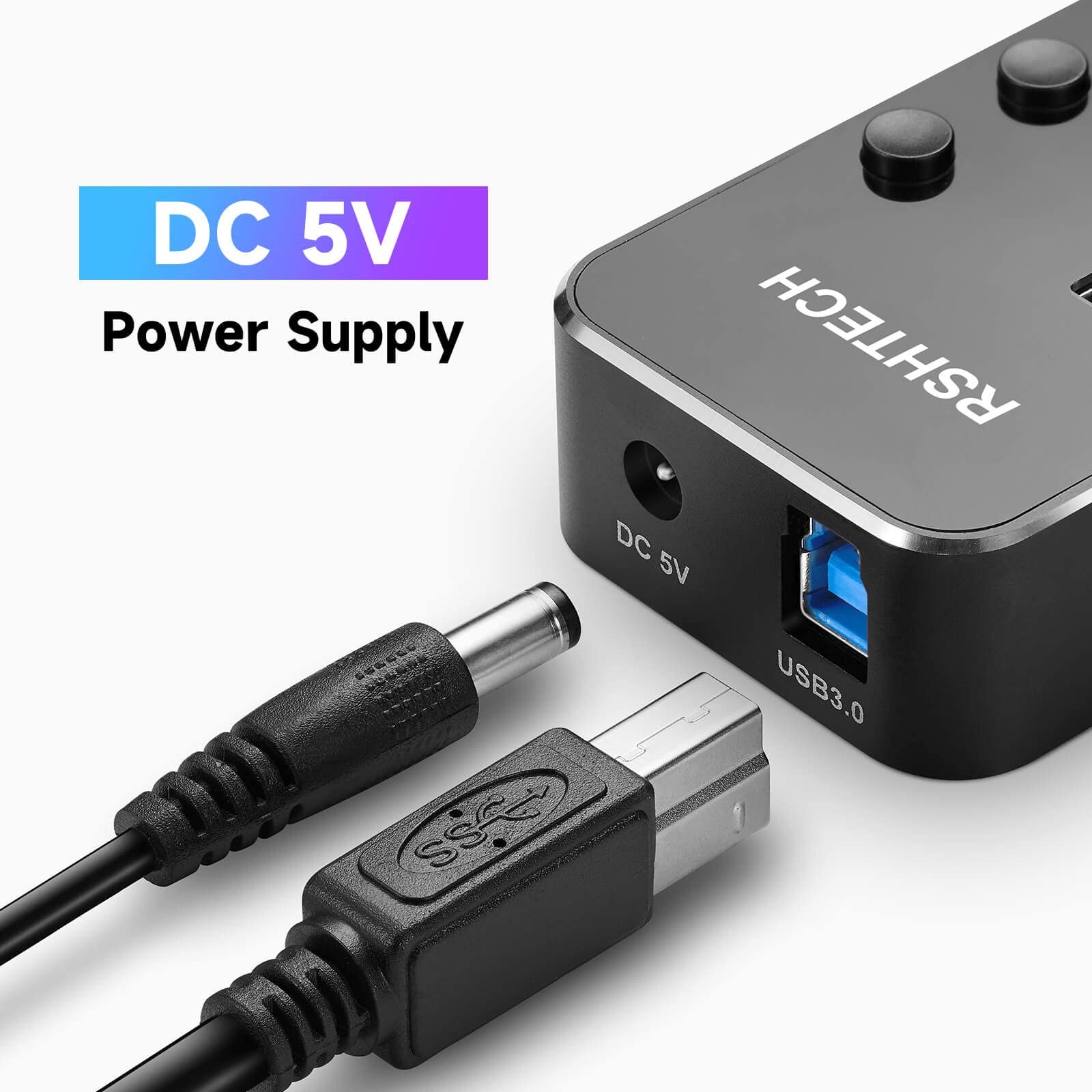 Powered 7 Port USB 3.0/USB C Hub Aluminum Splitter 2In1 Cable 5V 3A Adapter