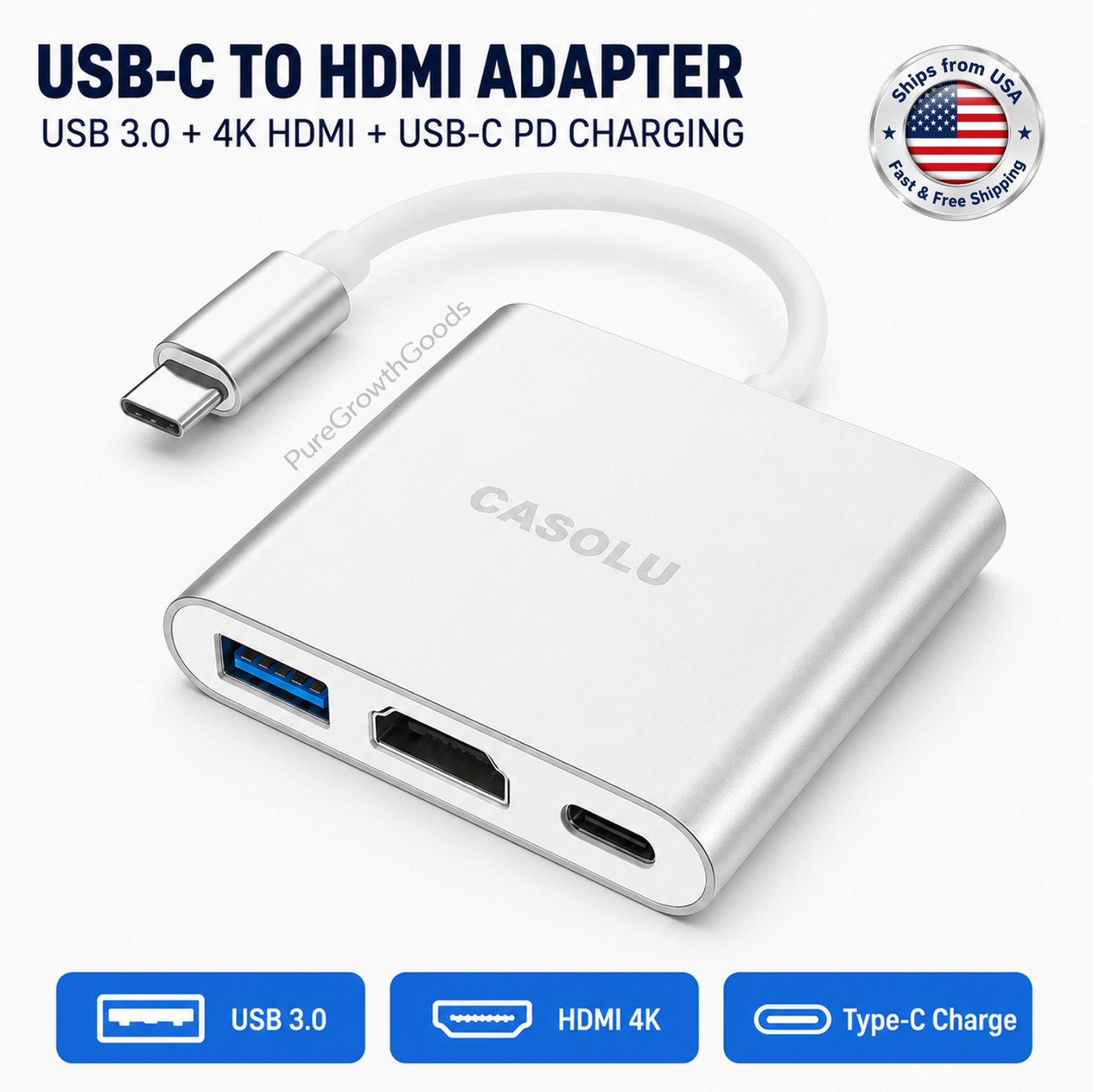 USB-C to HDMI Adapter 4K 3-in-1 Hub 60W PD Charging USB 3.0 Port
