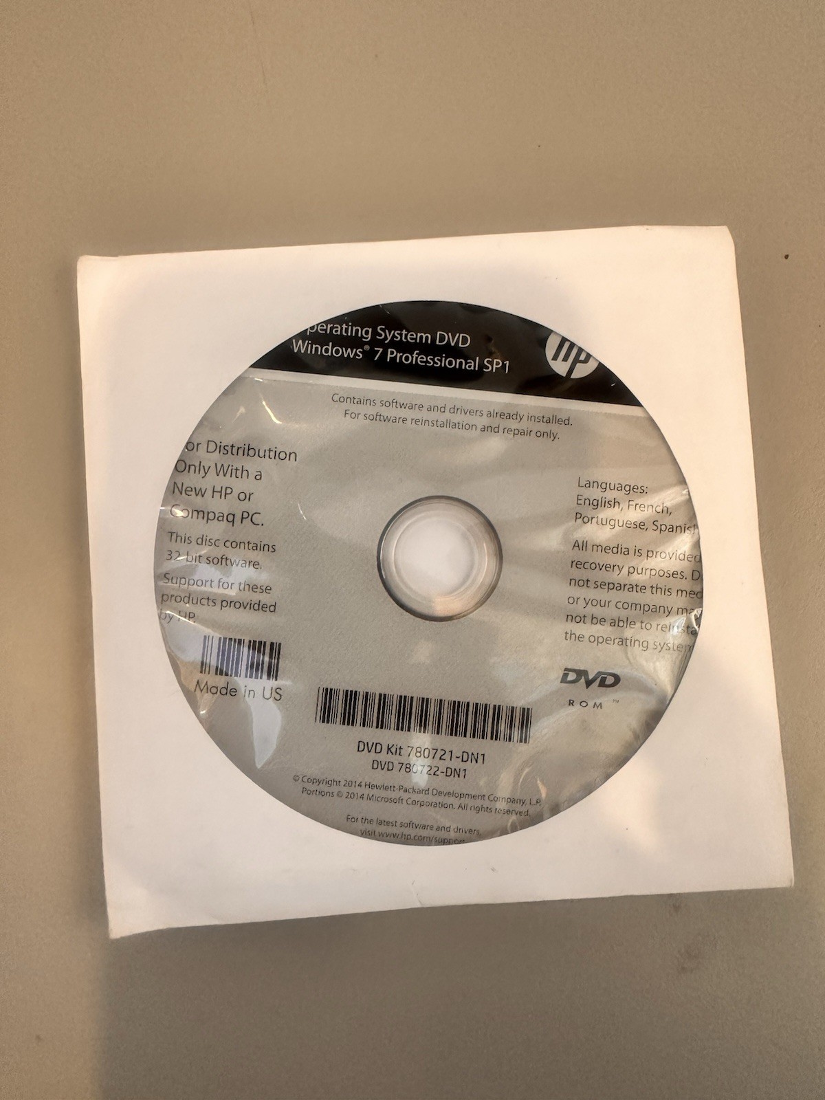HP Operating System DVD Windows 7 Professional SP1 32-bit 780721-DN1