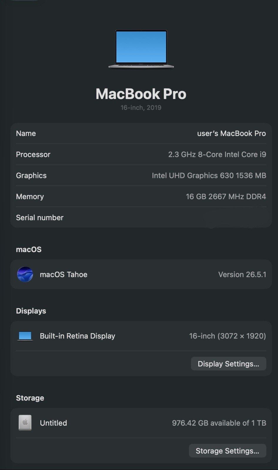 Apple MacBook Pro 16″ (2019) i9 2.3GHz 16GB RAM 1TB SSD Silver Radeon 5500M