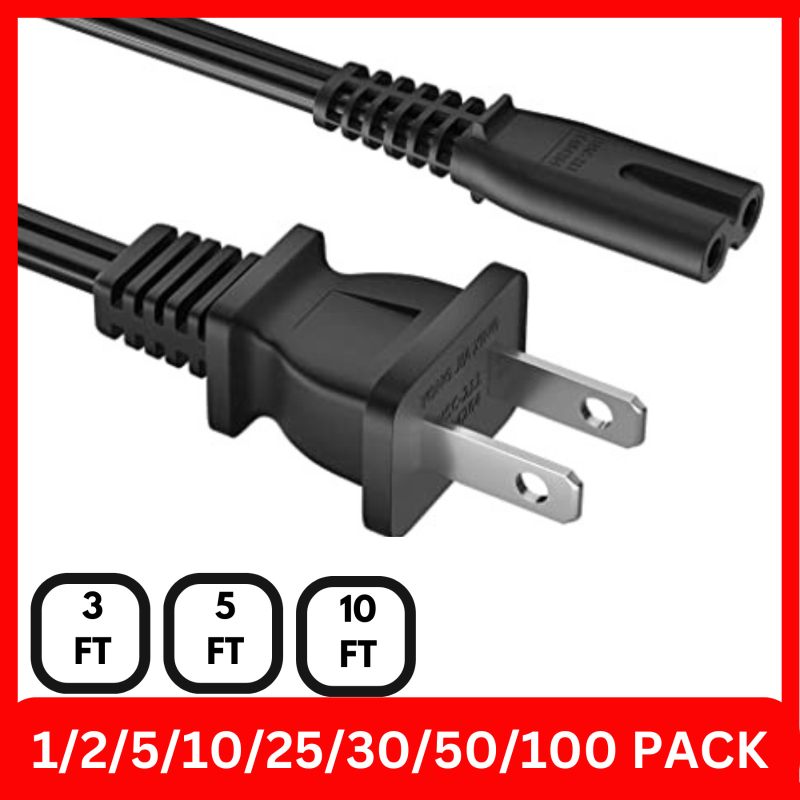 Lot AC 2 Prong Power Cord 3FT 5FT 10FT Standard 2-Slot Power Cable Replacement