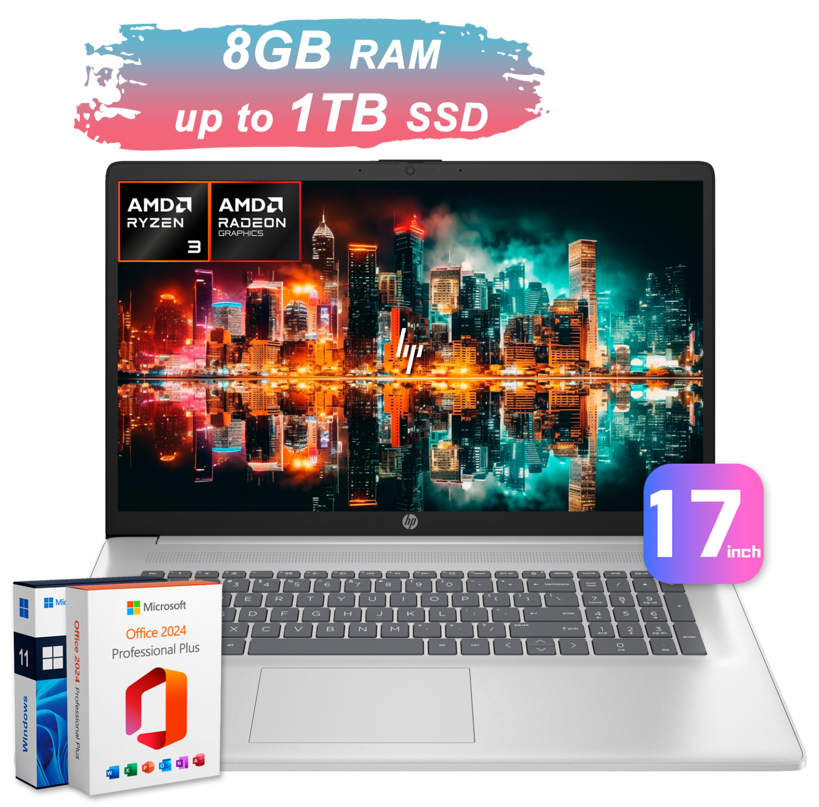 HP Laptop Computer HD+ 17.3″ Office 4-Core Ryzen 3 7320U 8GB RAM & Up to 1TB SSD