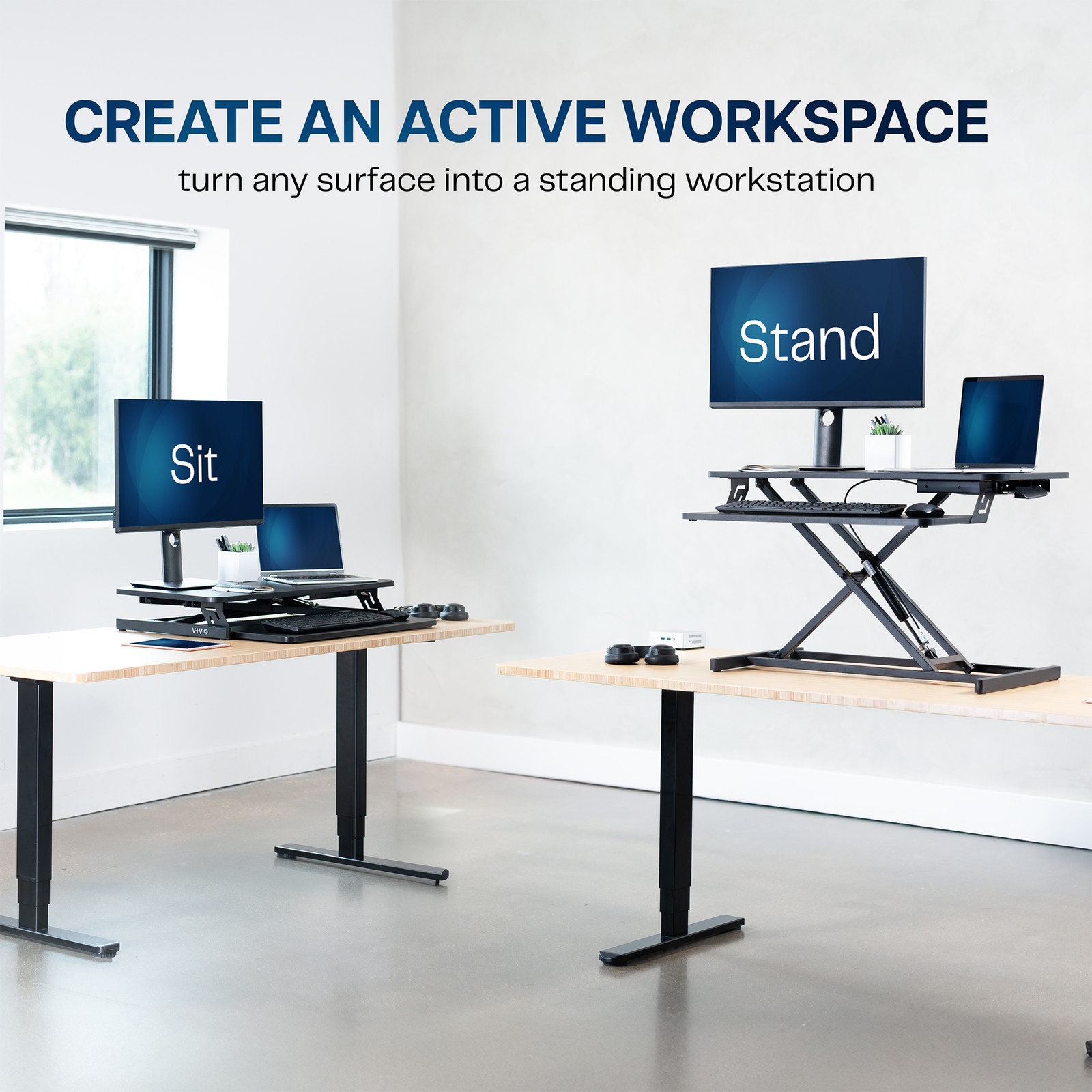 VIVO Black Height Adjustable 32″ Standing Desk Monitor Riser, Sit Stand Tabletop