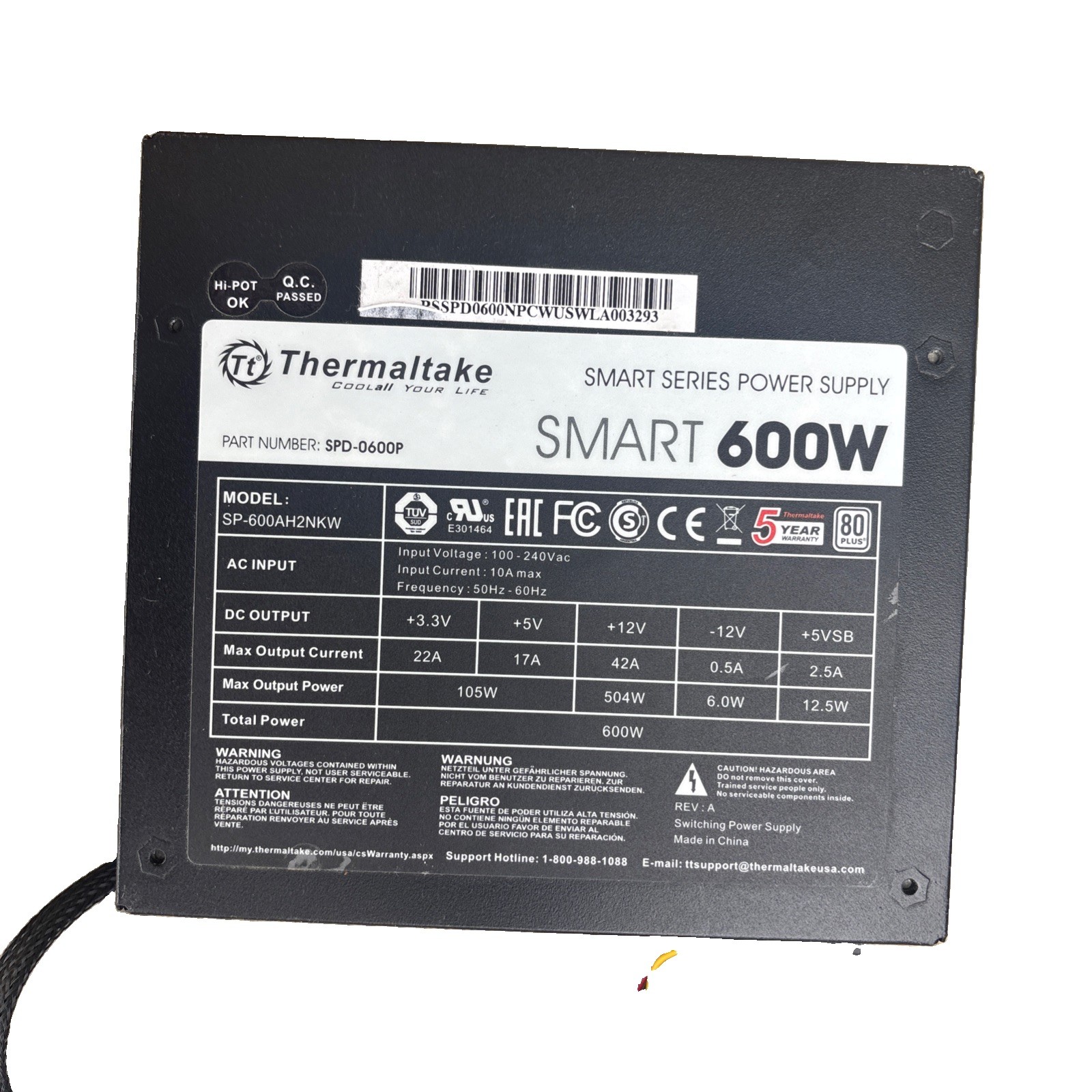 Thermaltake Smart 600W Power Supply 80 PLUS Certified ATX PSU SPD-0600P